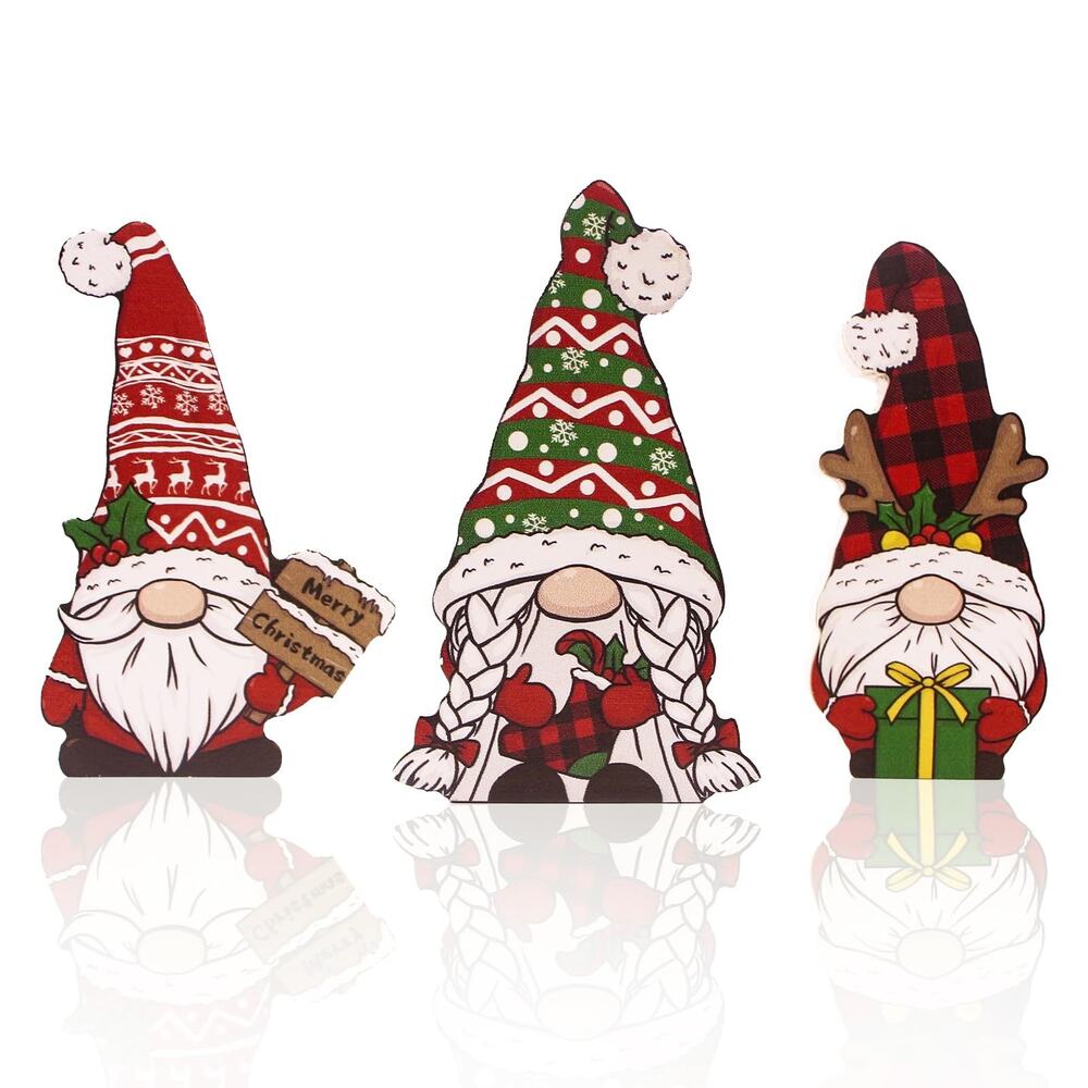 Christmas Gnome Set of 3 Wood Table Shelf Decor Holiday Decoration